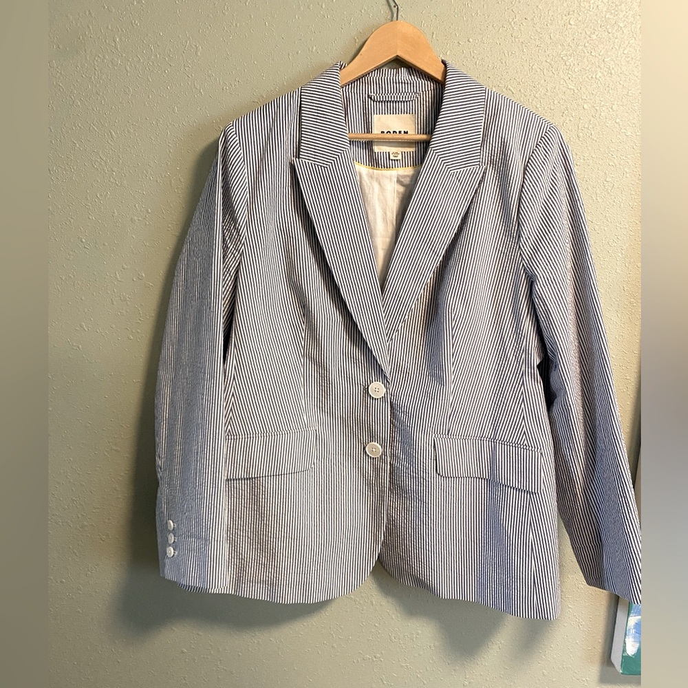Boden searsucker plus sixe Blue & White Striped Cotton Blazer